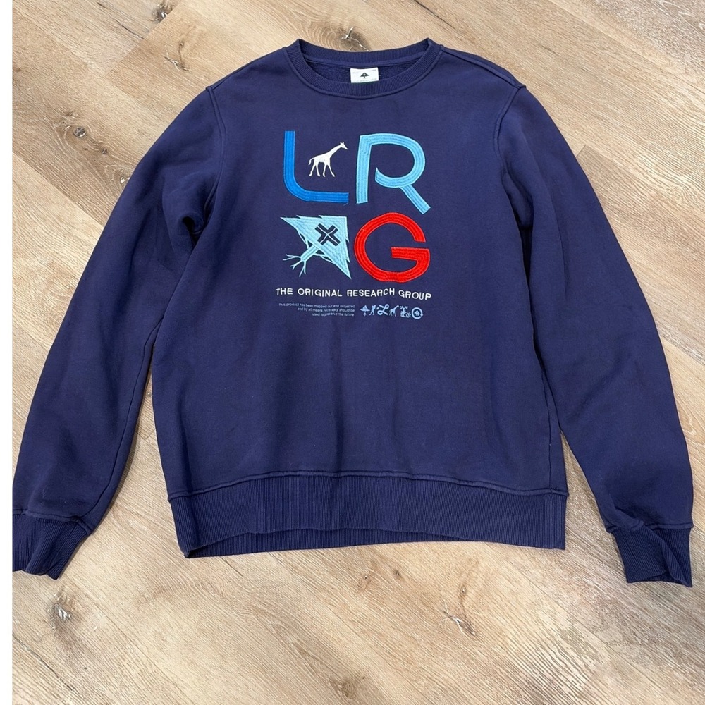 LRG Lifted Research Group Navy Blue Embroidered Graphic Crewneck Sweatshirt L